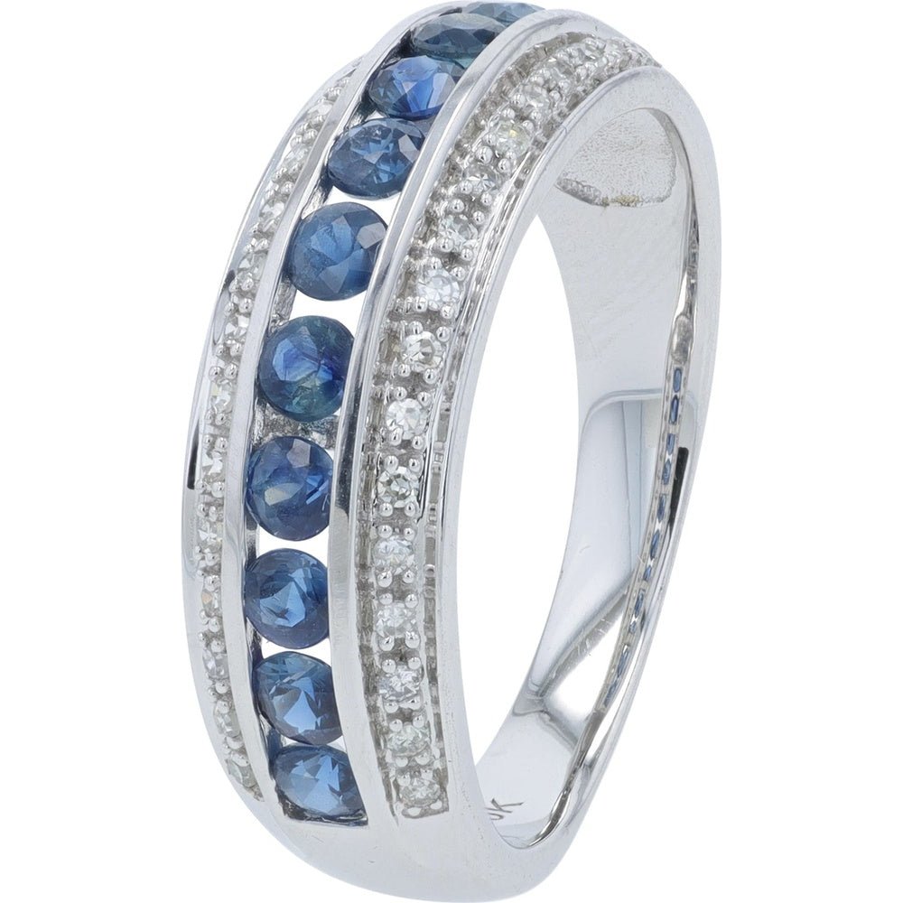 10K White Gold Channel-Set Sapphire Band with Diamond Accents - 0.90 Carat Total Sapphire Weight and 0.15 Carat Total Diamond Weight