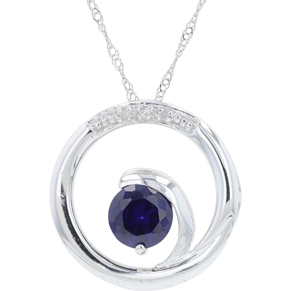 10K White Gold Circle Pendant Necklace with Round Created Sapphire and Diamond Accent - 0.02 Carat Total Diamond Weight