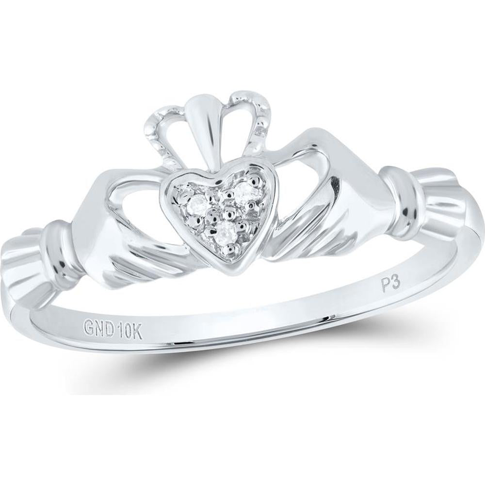 10K White Gold Claddagh Heart Ring with Bead-Set Round Diamonds - 0.02 Carat Total Diamond Weight
