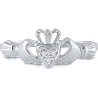 10K White Gold Claddagh Heart Ring with Bead-Set Round Diamonds - 0.02 Carat Total Diamond Weight