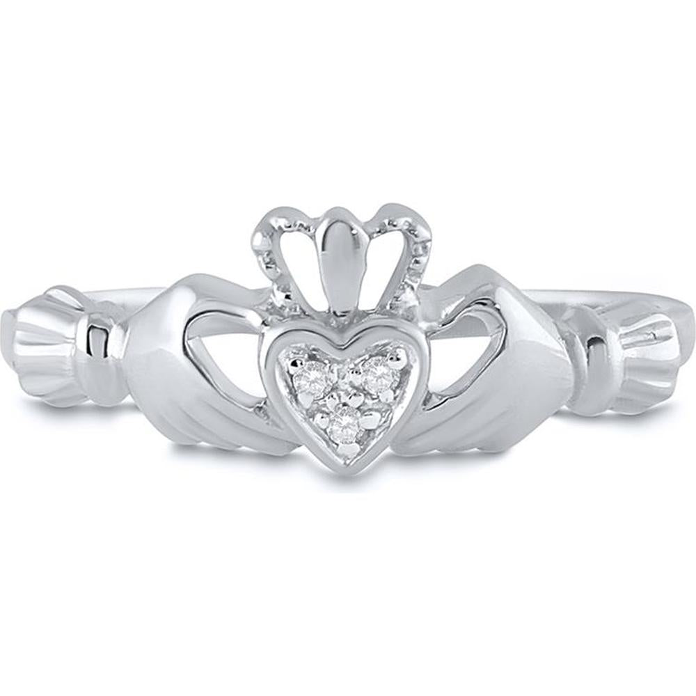 10K White Gold Claddagh Heart Ring with Bead-Set Round Diamonds - 0.02 Carat Total Diamond Weight