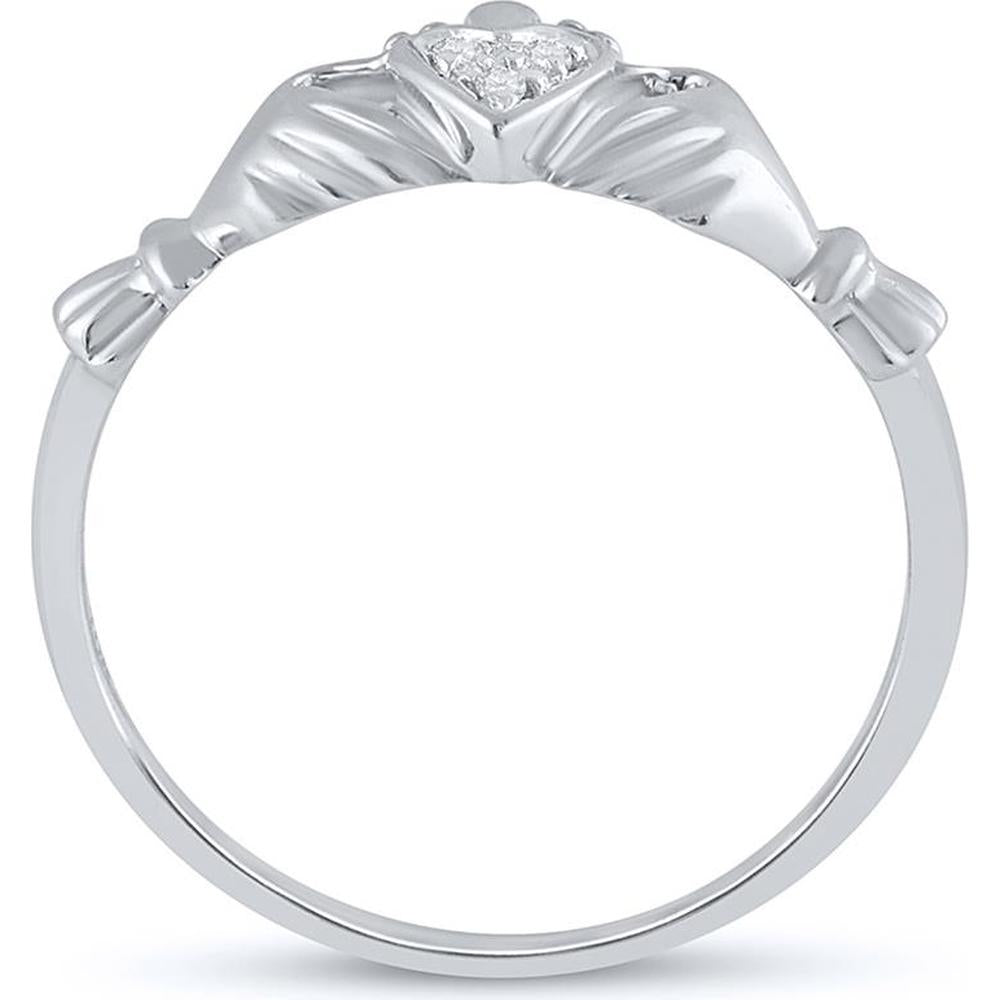 10K White Gold Claddagh Heart Ring with Bead-Set Round Diamonds - 0.02 Carat Total Diamond Weight