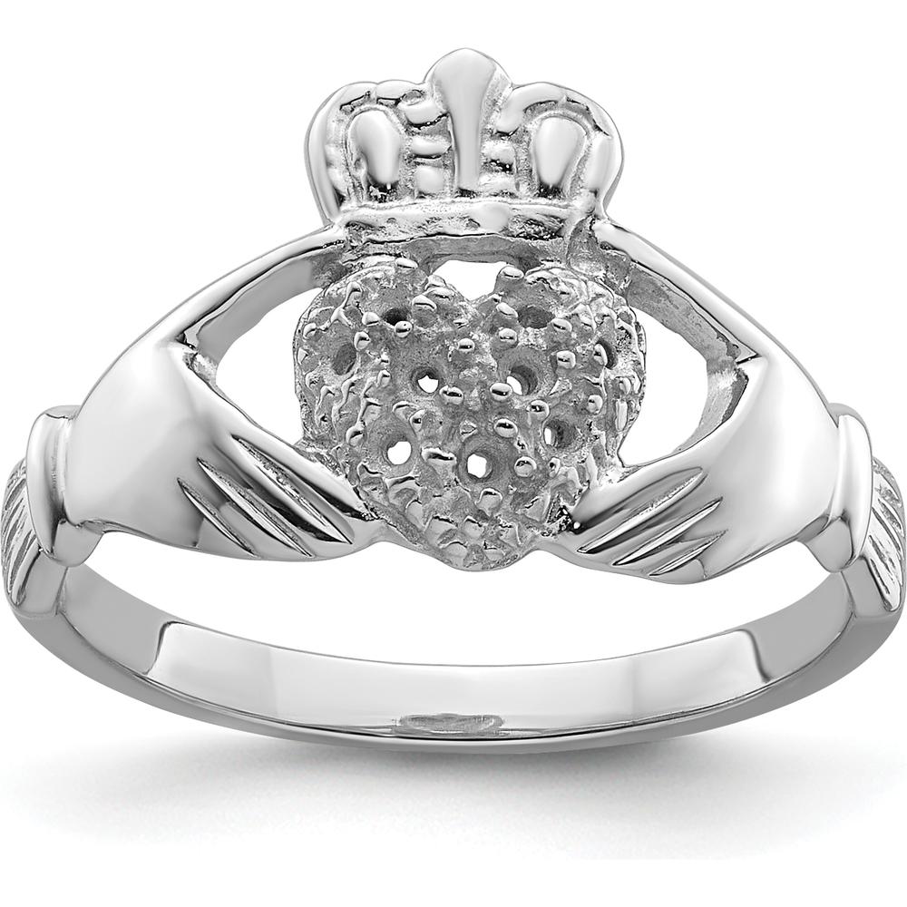 10K White Gold Claddagh Ring Mounting with Polished Finish and Rhodium Plating