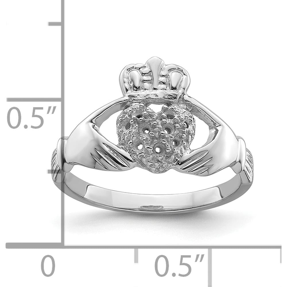 10K White Gold Claddagh Ring Mounting with Polished Finish and Rhodium Plating