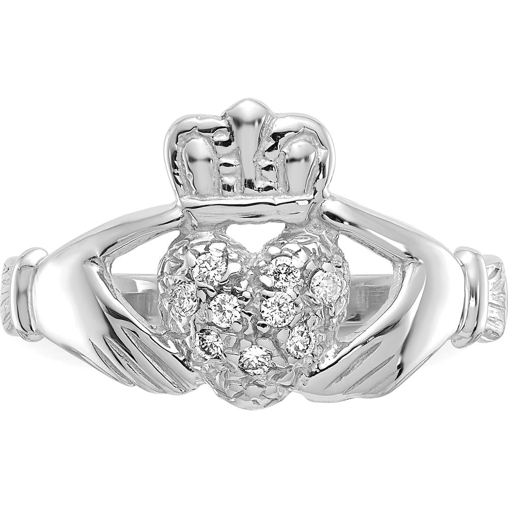 10K White Gold Claddagh Ring with Clustered Round Diamonds - 0.10 Carat Total Diamond Weight