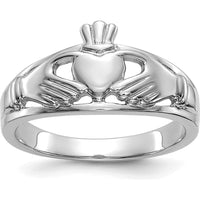 10K White Gold Claddagh Ring with Polished Finish and Rhodium Plating