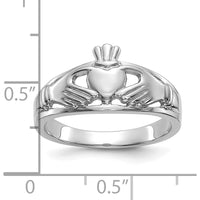 10K White Gold Claddagh Ring with Polished Finish and Rhodium Plating