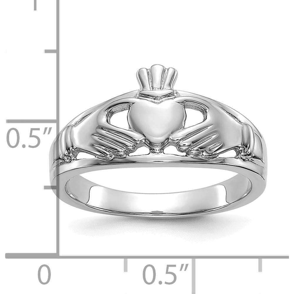 10K White Gold Claddagh Ring with Polished Finish and Rhodium Plating
