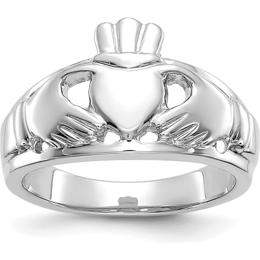 10K White Gold Claddagh Ring with Polished Rhodium Finish - Women's Gold Jewelry