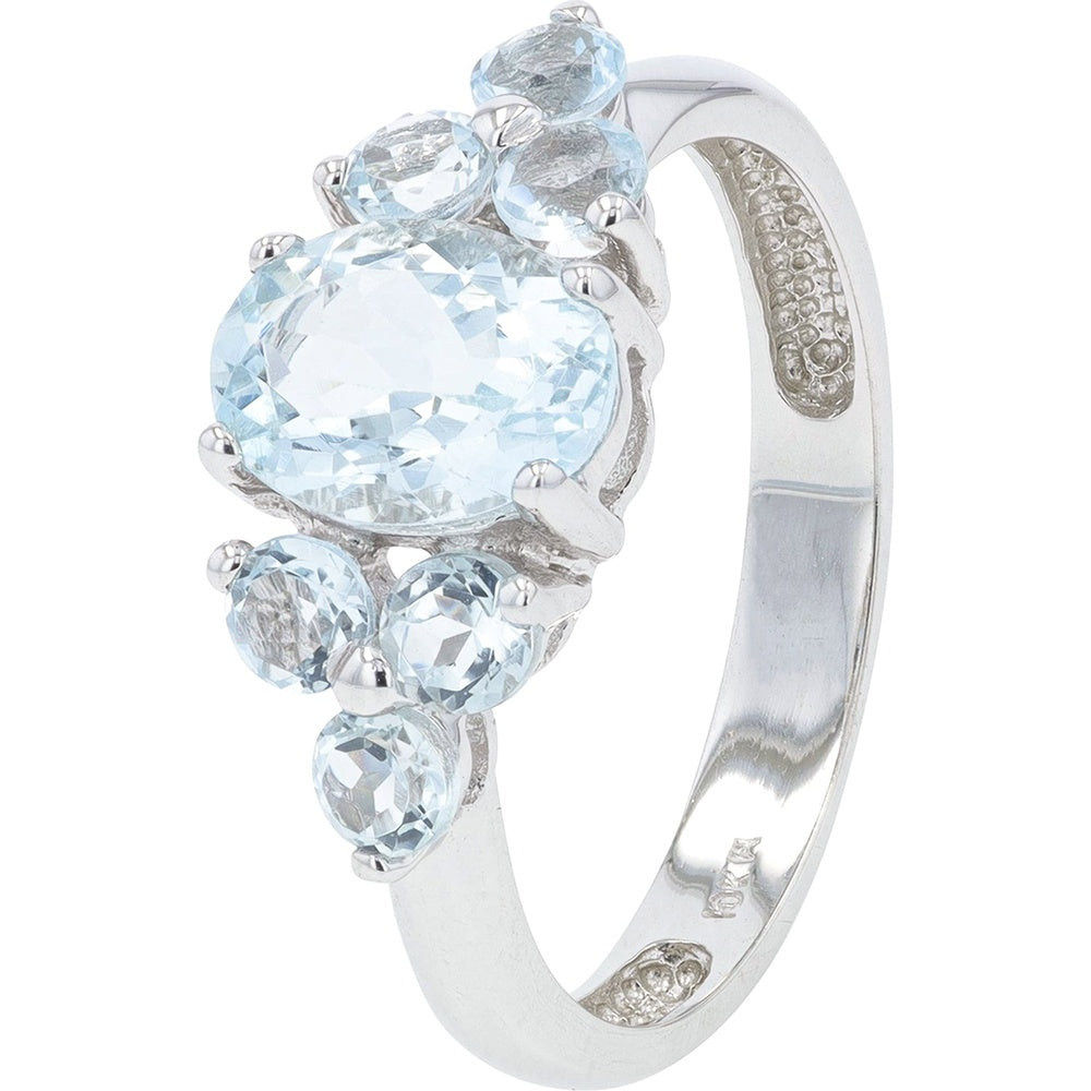 10K White Gold Cluster Ring with Oval and Round Aquamarine Stones