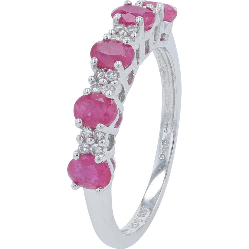 10K White Gold Contemporary Band with Prong-Set Oval Rubies and 0.08 Carat Diamond Accents