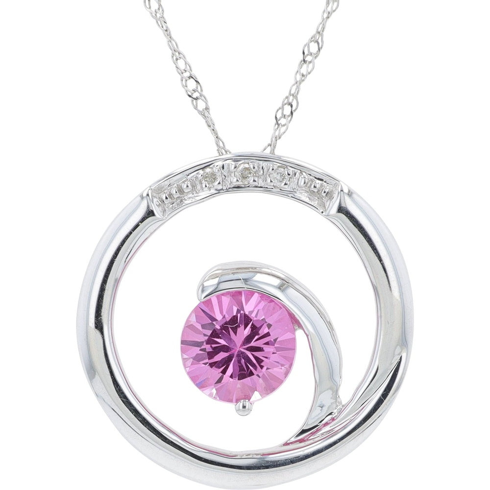 10K White Gold Contemporary Pendant with Round Created Pink Sapphire and 0.02 Carat Diamond Accents