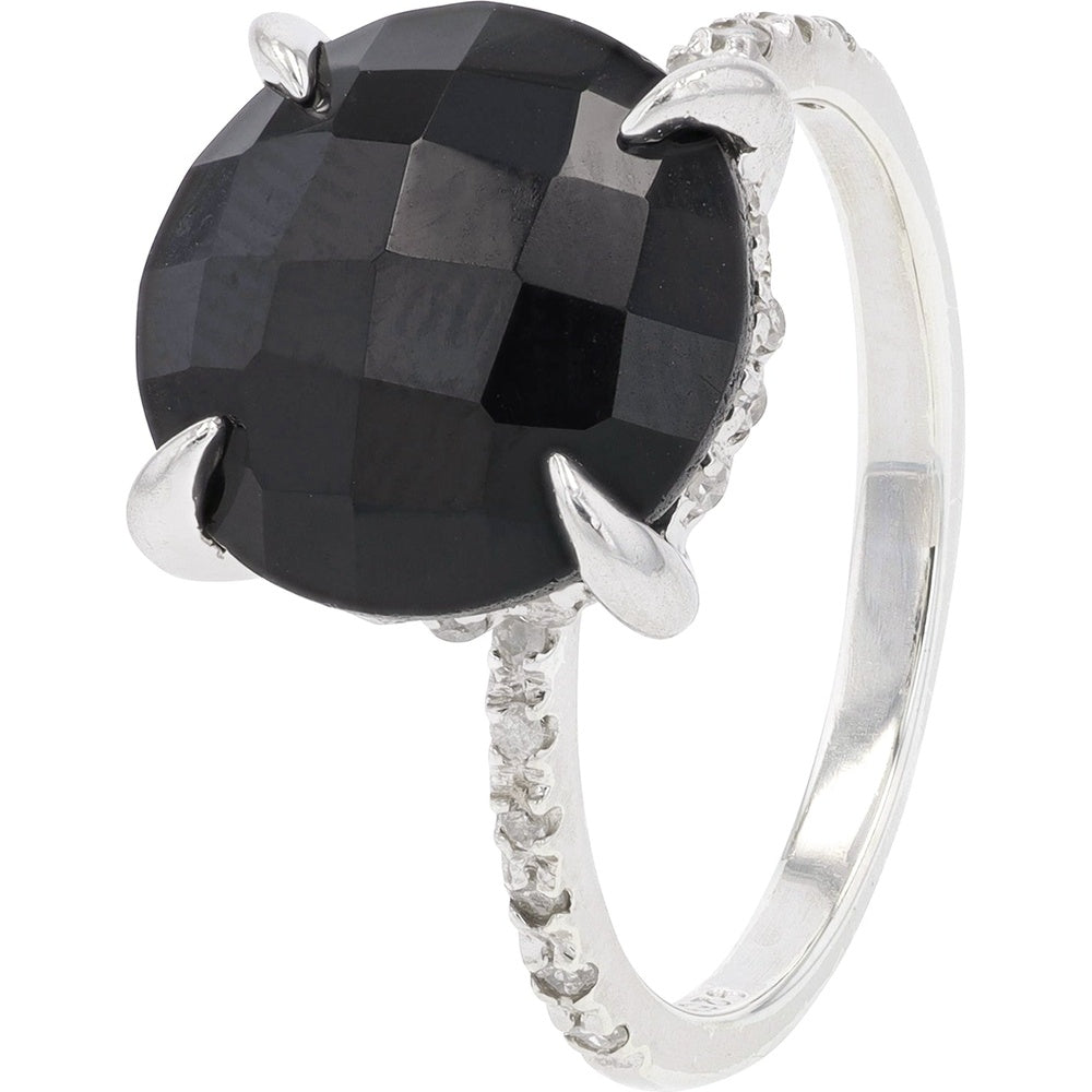10K White Gold Contemporary Ring with Faceted Black Onyx and Pavé Set Round Diamonds - 0.14 Carat Total Diamond Weight