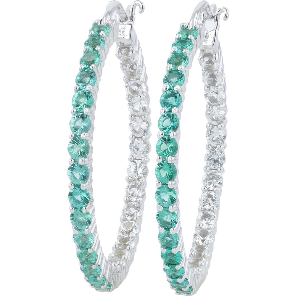 10K White Gold Created Emerald Inside-Out Hoop Earrings with Created White Sapphire Accents - 2.50 Carat Total Gemstone Weight