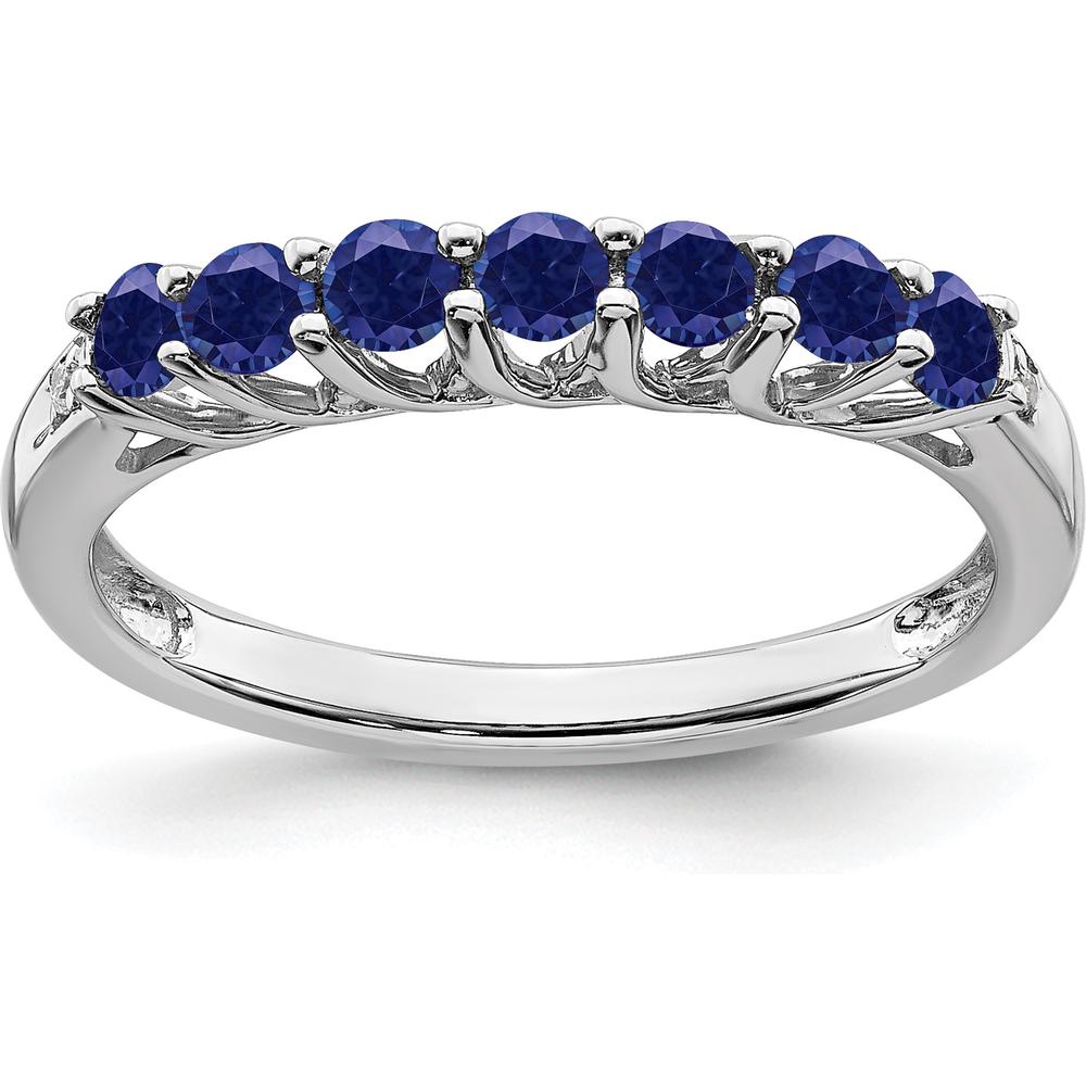 10K White Gold Created Sapphire and Diamond 7-Stone Band Ring with Round Sapphires - 0.63 Carat Total Sapphire Weight, 0.012 Carat Total Diamond Weight by 0