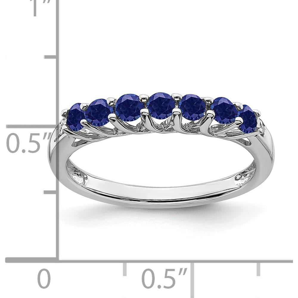 10K White Gold Created Sapphire and Diamond 7-Stone Band Ring with Round Sapphires - 0.63 Carat Total Sapphire Weight, 0.012 Carat Total Diamond Weight by 0