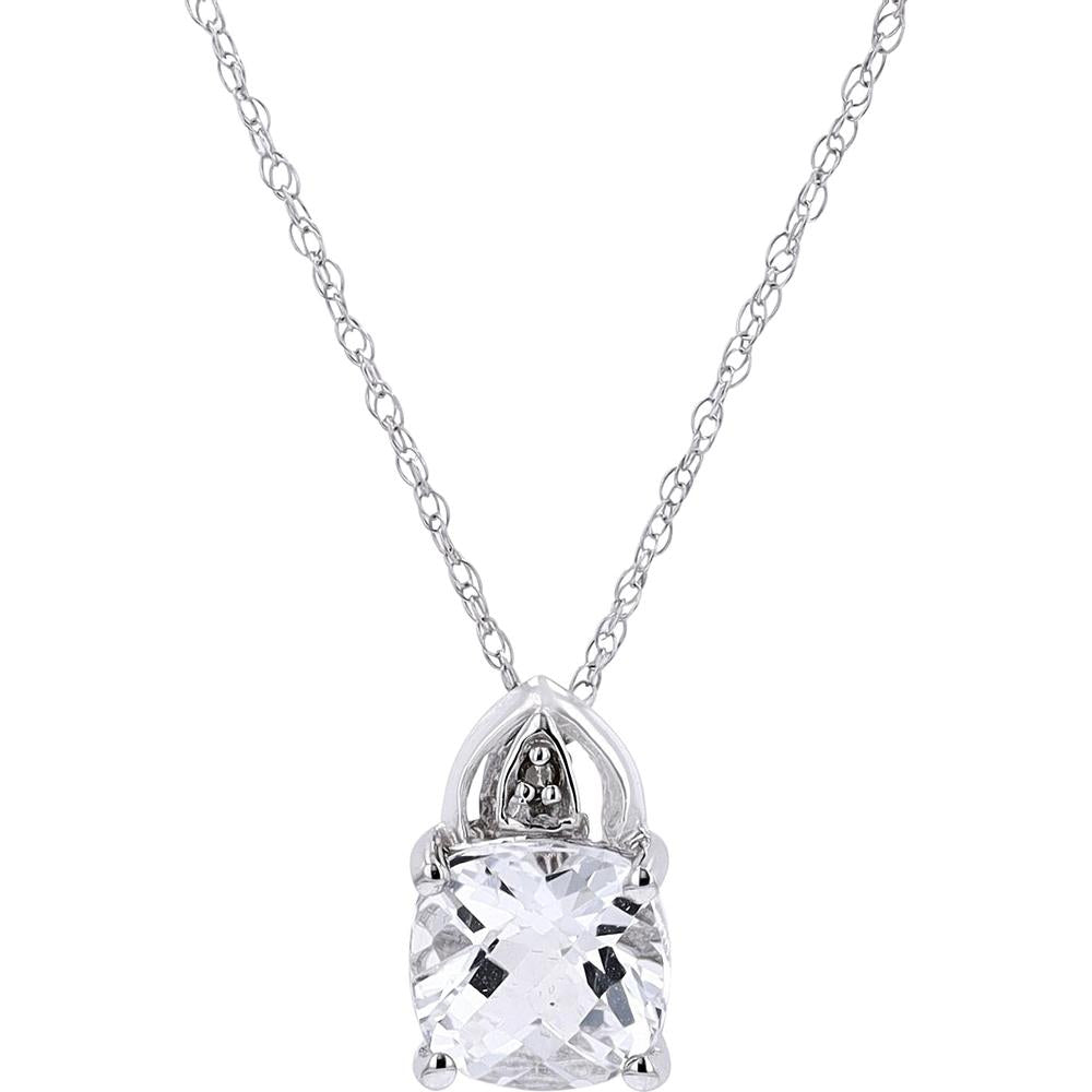 10K White Gold Created White Sapphire Pendant with Diamond Accent - 0.01 Carat Total Diamond Weight