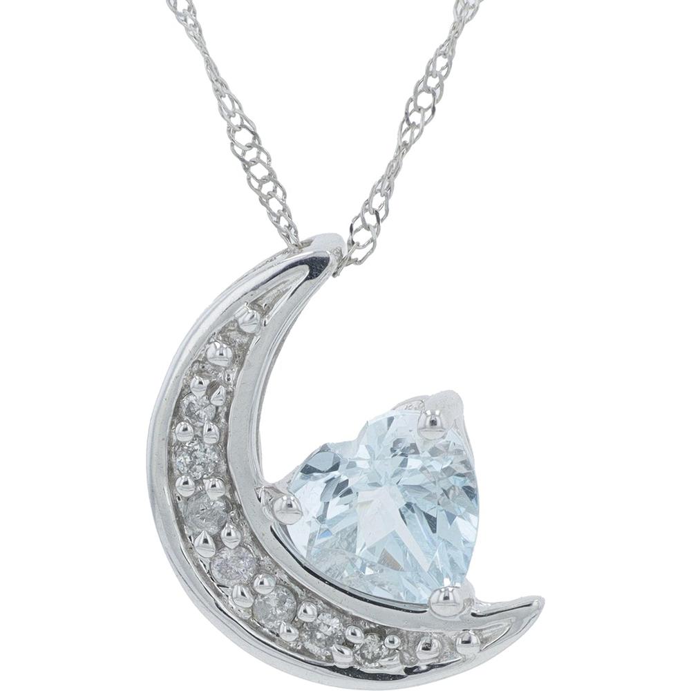 10K White Gold Crescent Moon Necklace with 0.55 Carat Heart - Shaped Blue Topaz and 0.07 Carat Diamond Accents