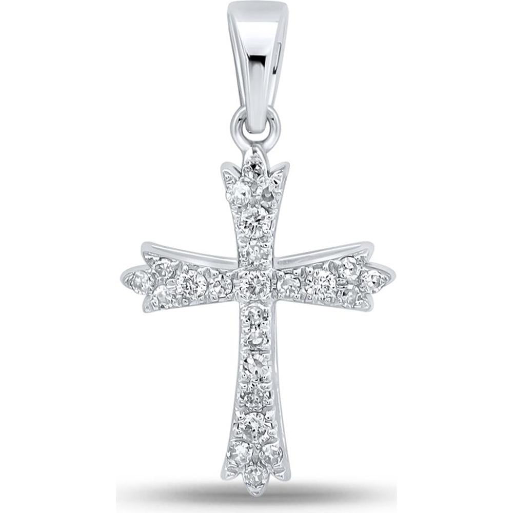 10K White Gold Cross Pendant with Prong-Set Round Diamonds - 1/4 Carat Total Diamond Weight
