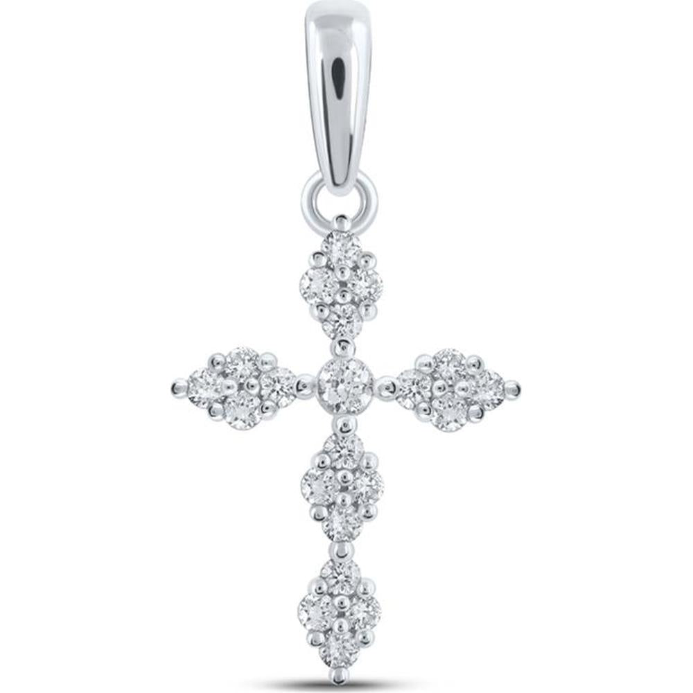 10K White Gold Cross Pendant with Prong-Set Round Diamonds - 1/6 Carat Total Diamond Weight
