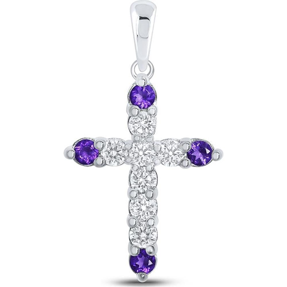 10K White Gold Cross Pendant with Prong-Set Round Lab Grown Amethysts 0.41 Carat and Round Diamonds 0.60 Carat Total Weight