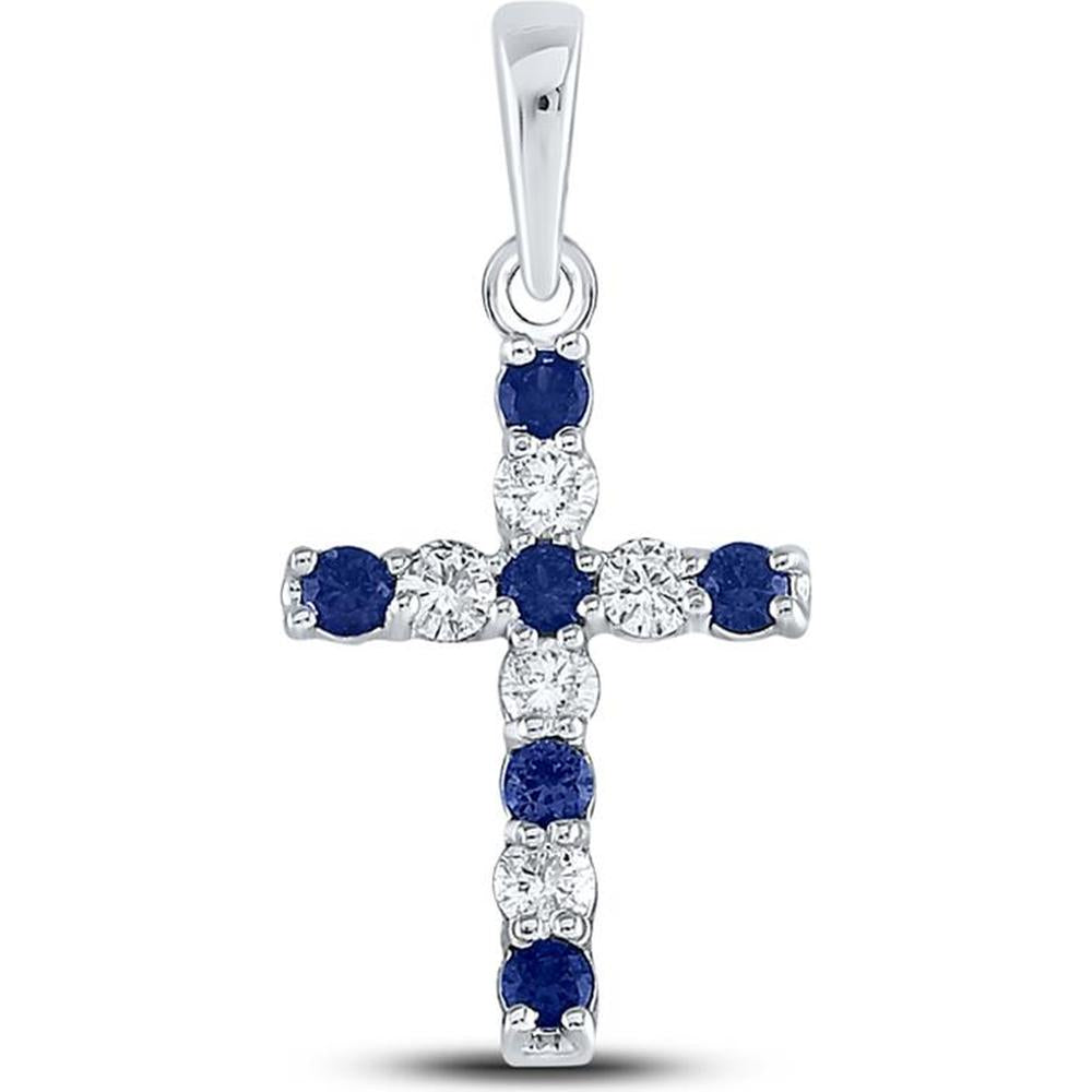 10K White Gold Cross Pendant with Prong-Set Round Lab Grown Blue Sapphires and Diamonds - 1/3 Carat Total Gem Weight