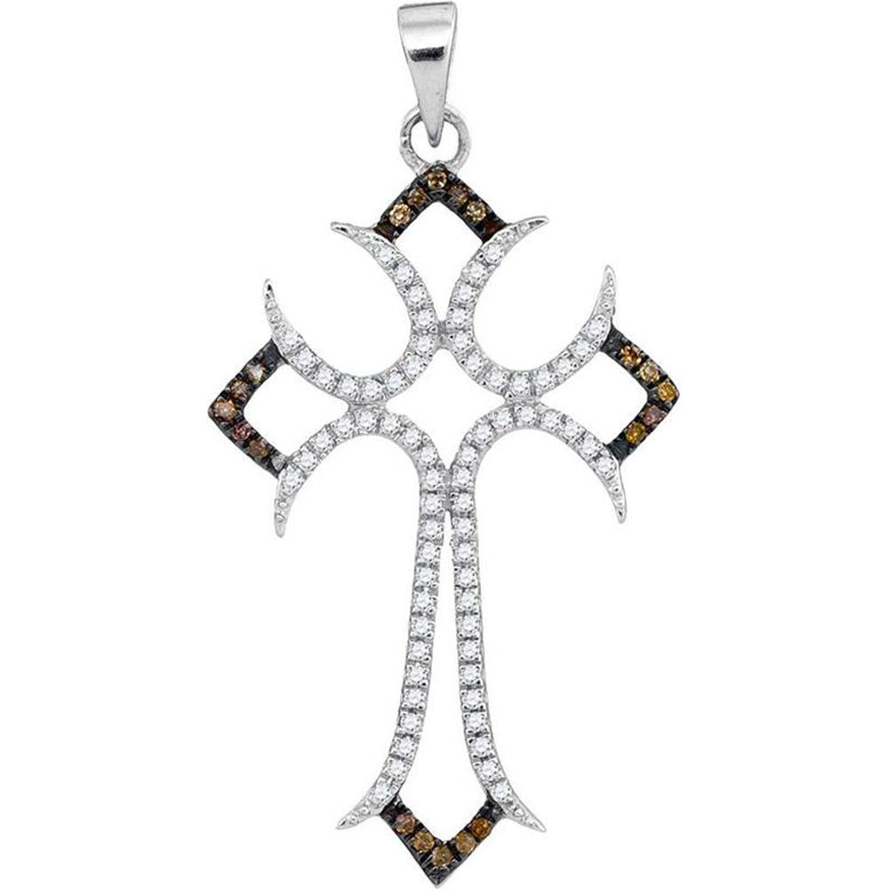 10K White Gold Cross Pendant with Round Brown and White Diamonds - 0.25 Carat Total Diamond Weight