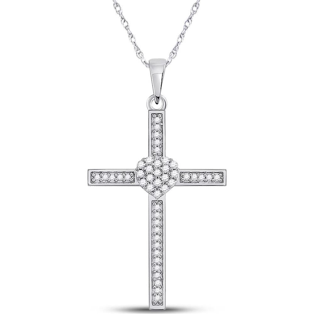 10K White Gold Cross Pendant with Round Prong-Set Diamonds and Heart Center - 0.20 Carat Total Diamond Weight