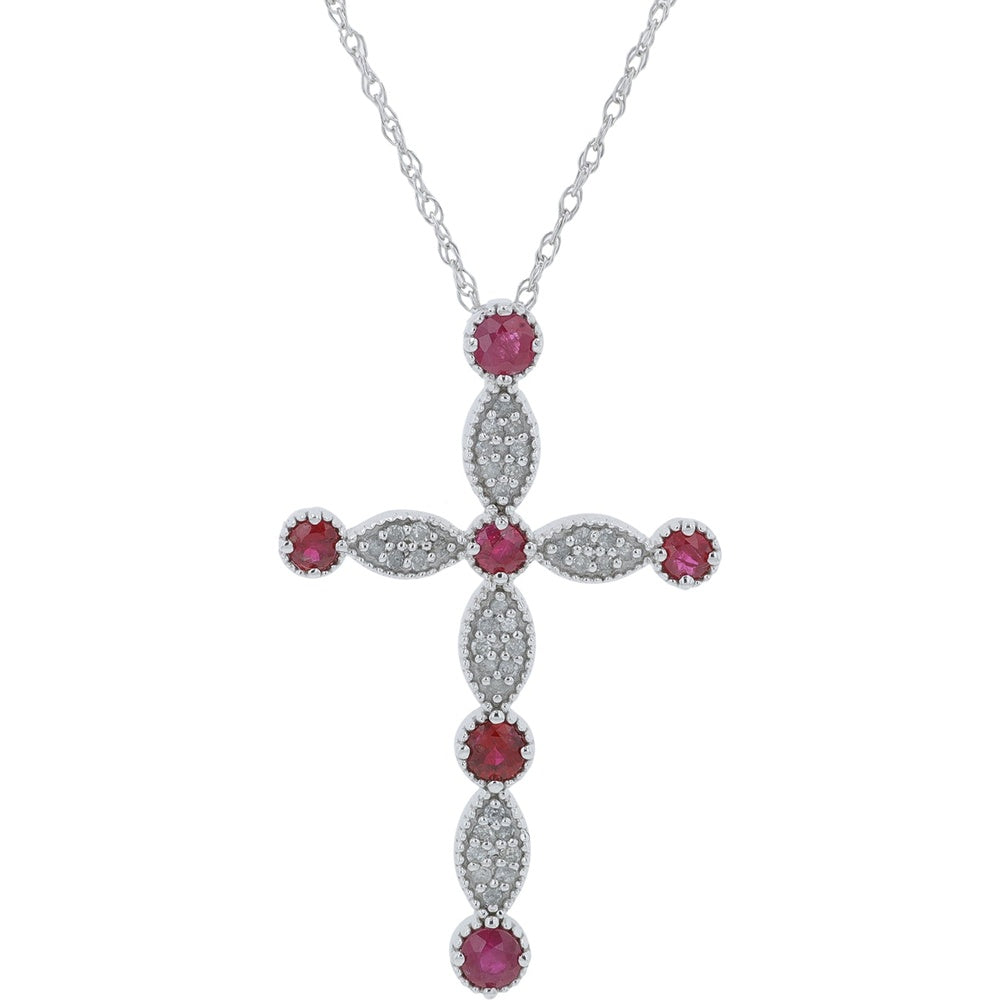 10K White Gold Cross Pendant with Round Rubies and Pavé-Set Diamond Marquise Accents - 0.35 Carat Total Ruby Weight and 0.10 Carat Total Diamond Weight