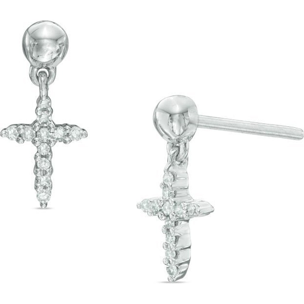 10K White Gold Cross Stud Earrings with Prong-Set Round Diamonds - 0.08 Carat Total Diamond Weight by Auriventus