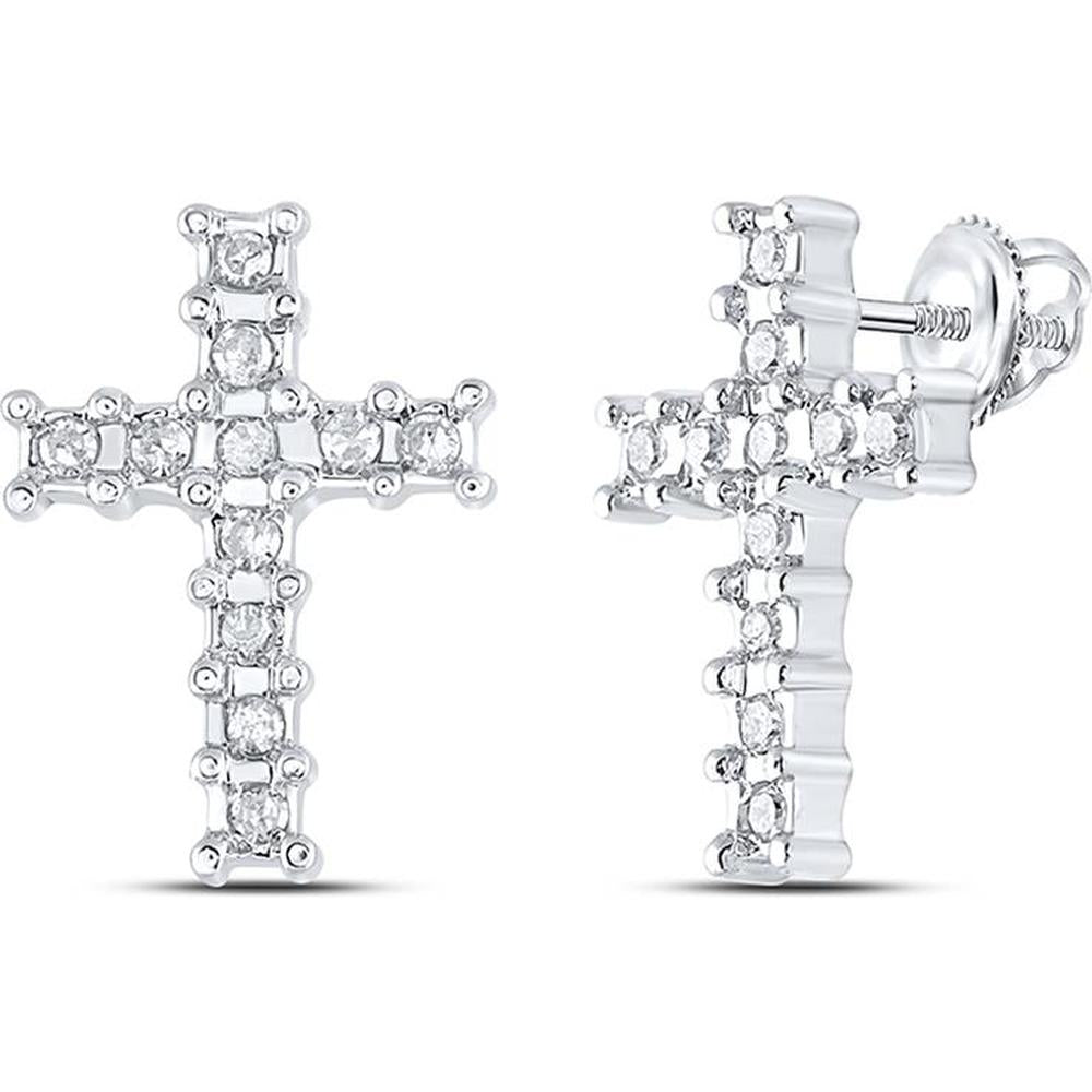 10K White Gold Cross Stud Earrings with Prong-Set Round Diamonds - 1/10 Carat Total Diamond Weight