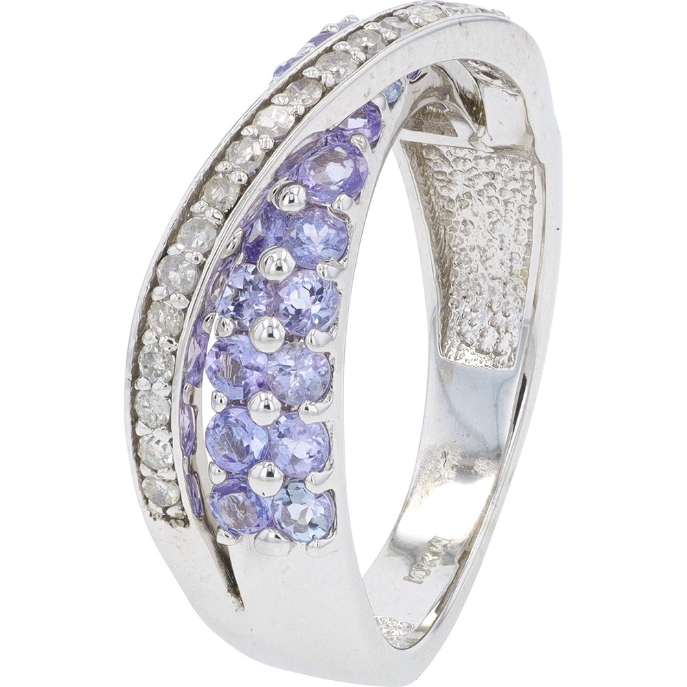 10K White Gold Crossover Band with Round Tanzanite Gemstones and 0.20 Carat Total Diamond Accents