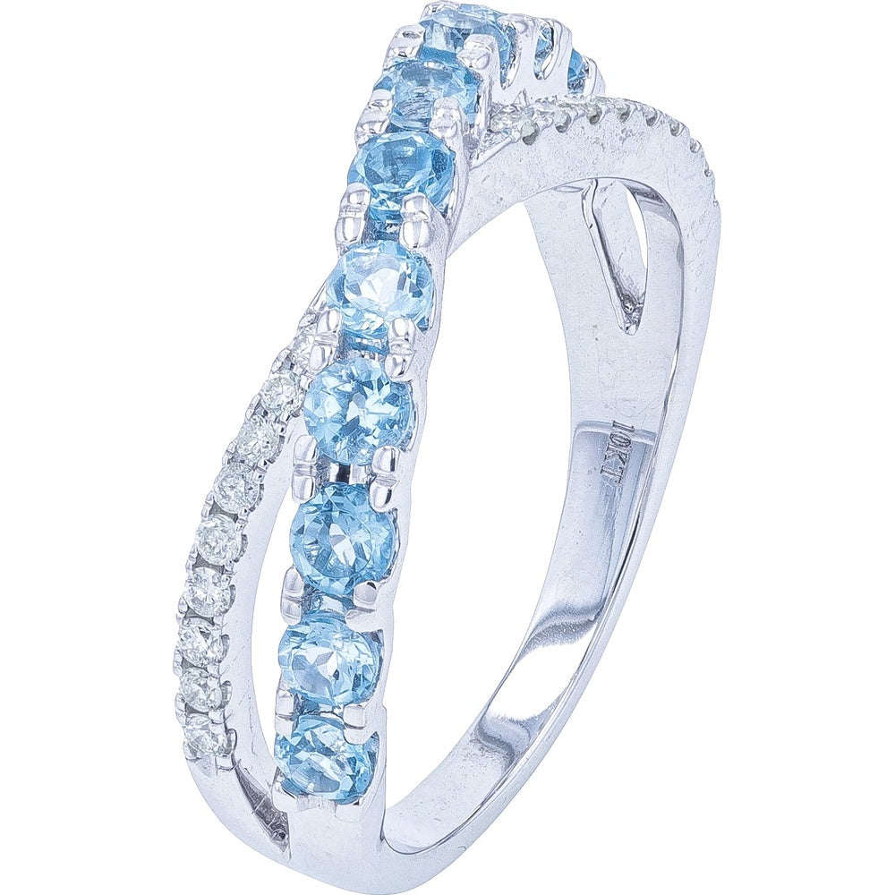 10K White Gold Crossover Ring with Round Blue Topaz and Diamond Accents - 0.82-0.90 Carat Total Topaz Weight and 0.15 Carat Total Diamond Weight