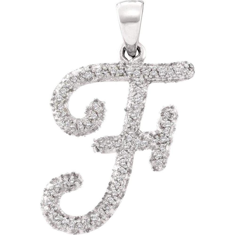 10K White Gold Cursive "F" Letter Pendant with Prong-Set Round Diamonds - 1/6 Carat Total Diamond Weight