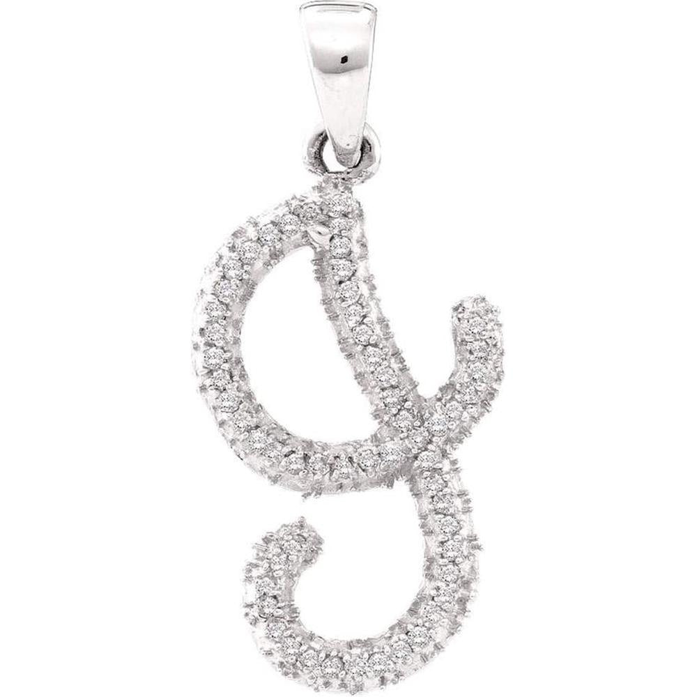 10K White Gold Cursive Letter J Pendant with Prong-Set Round Diamonds - 1/6 Carat Total Weight