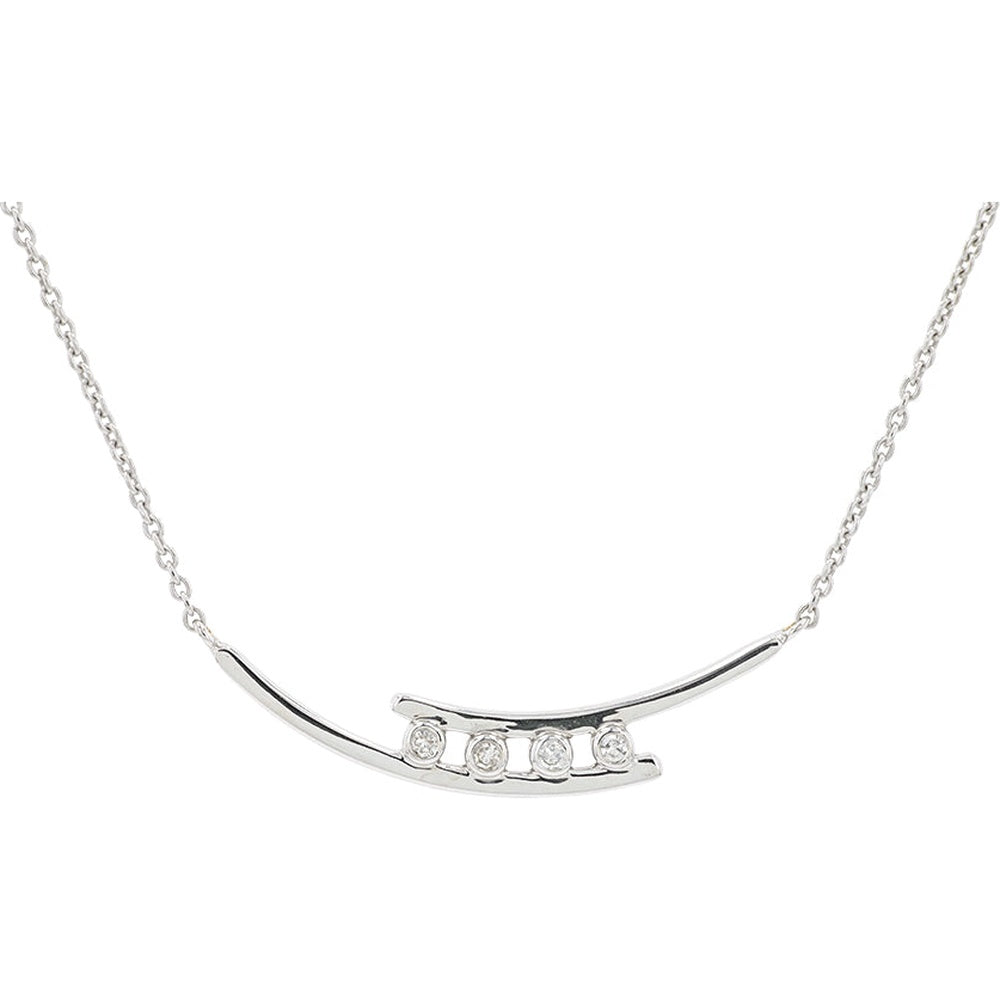 10K White Gold Curved Bar Necklace with Four Prong-Set Round Diamonds - 0.04 Carat Total Diamond Weight