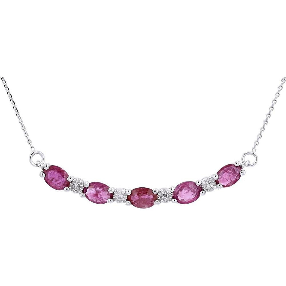 10K White Gold Curved Bar Necklace with Oval Rubies and Round Diamonds - 0.03 Carats Total Diamond Weight