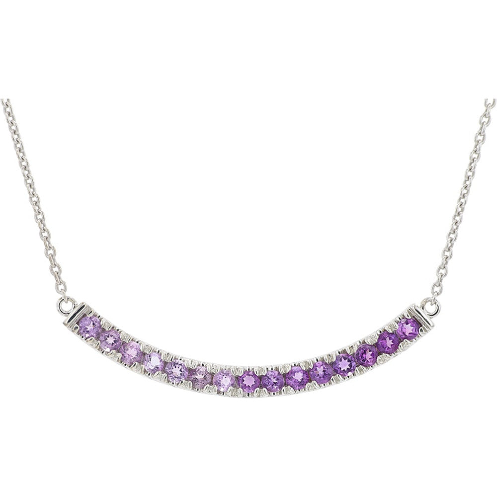10K White Gold Curved Bar Necklace with Prong-Set Round Amethysts - Milgrain Edge Detail