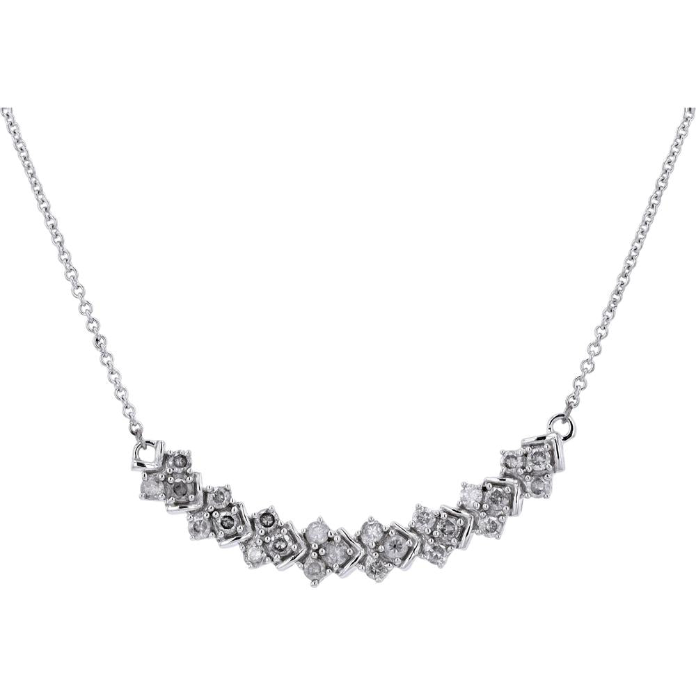 10K White Gold Curved Bar Necklace with Prong-Set Round Diamonds - 1/2 Carats Total Diamond Weight