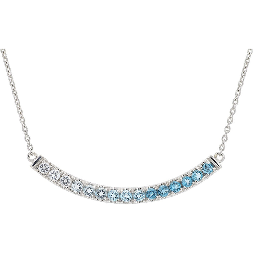10K White Gold Curved Bar Necklace with Round Blue Topaz and White Gemstones - 0.50 Carat Total Gemstone Weight