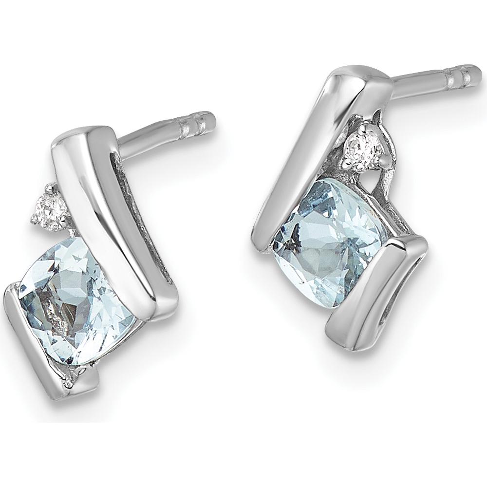 10K White Gold Cushion Aquamarine and Round Diamond Stud Earrings - 0.323 Carat Total Aquamarine Weight, 0.0125 Carat Total Diamond Weight by Oro Pregiato