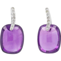10K White Gold Cushion Cabochon Amethyst Drop Earrings with Diamond Accents - 0.07 Carat Total Diamond Weight