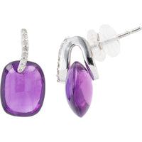 10K White Gold Cushion Cabochon Amethyst Drop Earrings with Diamond Accents - 0.07 Carat Total Diamond Weight