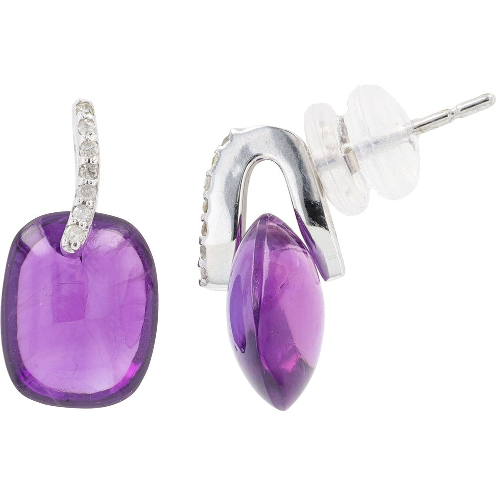 10K White Gold Cushion Cabochon Amethyst Drop Earrings with Diamond Accents - 0.07 Carat Total Diamond Weight