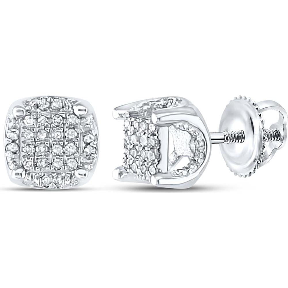 10K White Gold Cushion Cluster Stud Earrings with Pave-Set Round Diamonds - 1/5 Carat Total Diamond Weight