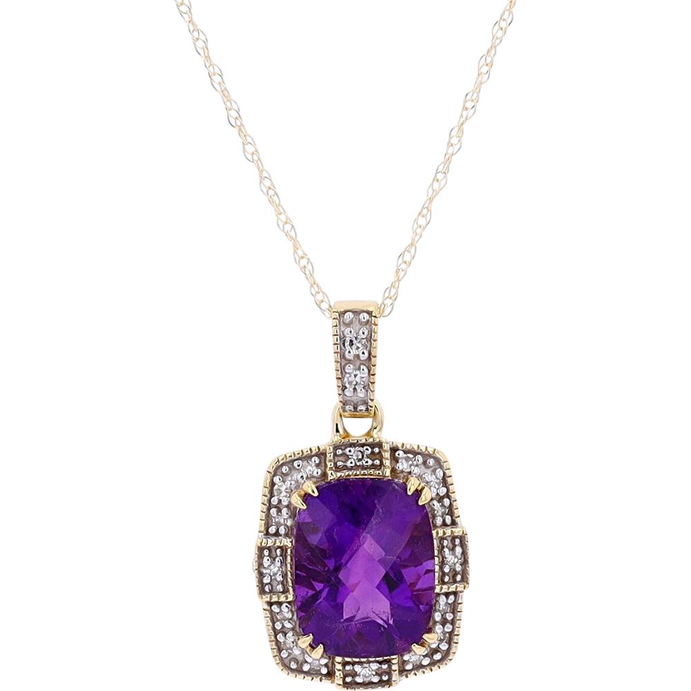 10K White Gold Cushion-Cut Amethyst and Diamond Halo Pendant - 0.07 Carats Total Diamond Weight