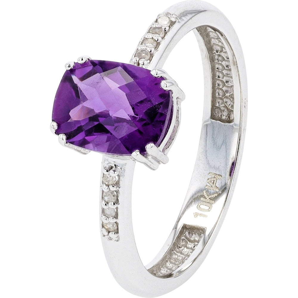 10K White Gold Cushion-Cut Amethyst Ring with Diamond Accents - 1.75 Carat Amethyst and 0.04 Carat Diamond Total Weight