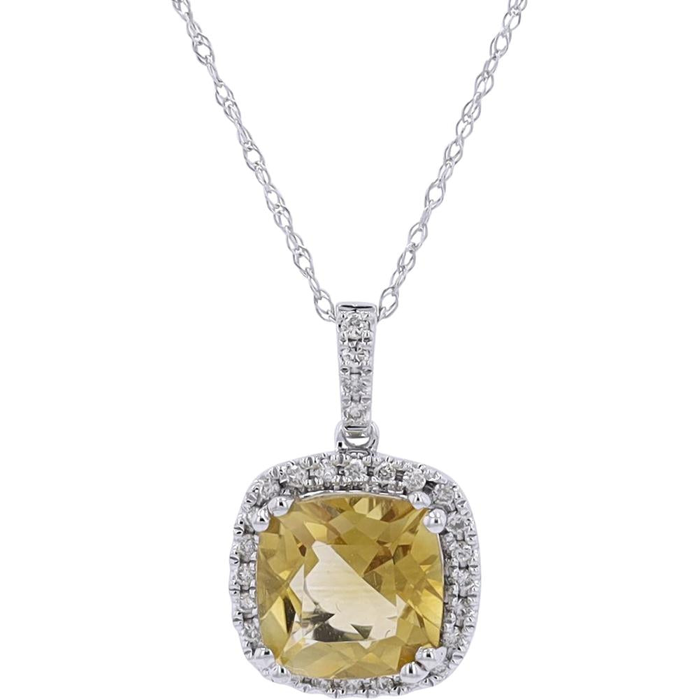 10K White Gold Cushion-Cut Citrine and Diamond Halo Pendant Necklace - 0.11 Carats Diamond Total Weight