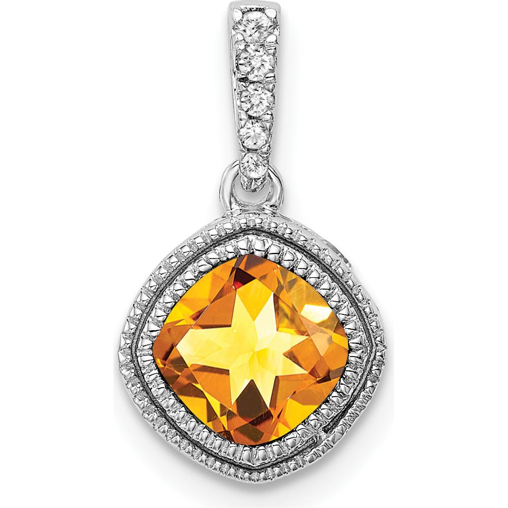 10K White Gold Cushion Cut Citrine and Diamond Pendant - 0.73 Carat Citrine, 0.05 Carat Total Diamond Weight by Lumare Gioia