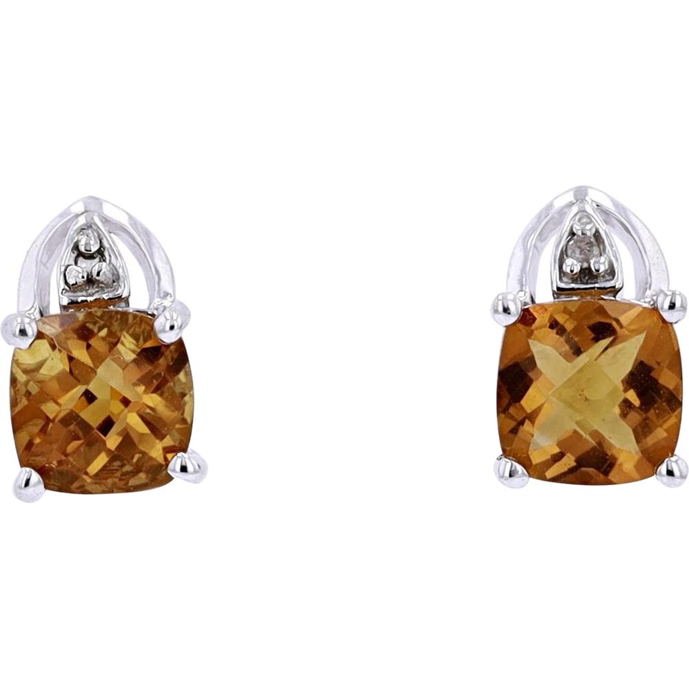 10K White Gold Cushion Cut Citrine Stud Earrings with 0.02 Carat Diamond Accents